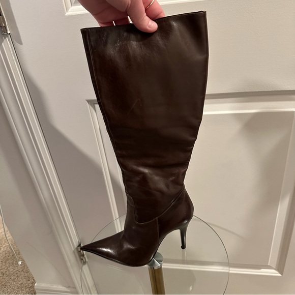 Icône Knee High Pointed Stiletto Boots in Deep Brown Leather